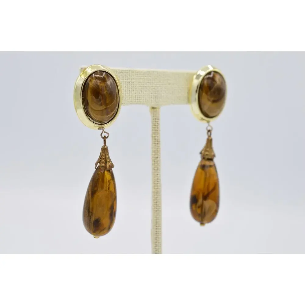 Vintage Dangle Earrings Lucite Marbled Brown Tortoise Chunky 1980s 9L
